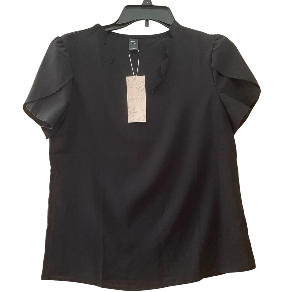 Emery Rose Scalloped V-Neck Blouse Women XS Black NEW Petal Sleeve Solid Top